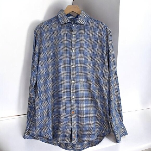 Thomas Dean Men Contrast Flip Cuff Long Sleeve Button Down Shirt Blue Plaid 2XL - Picture 2 of 4